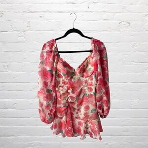 Lena // Women’s Floral Minu Dress with Ruched Side, Long Sleeves, Ruffle Bottom